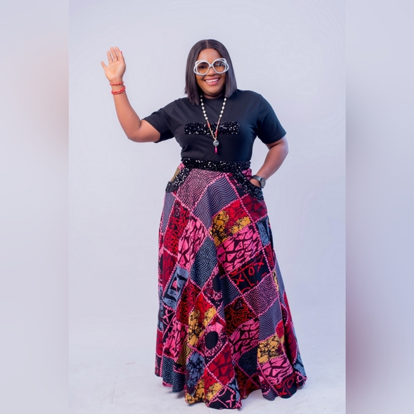 Yetroselane Couture Dresses & Skirts - Empress Set|Black Sequin Tee + African Print Maxi Skirt|Multiple Pattern &Sizes